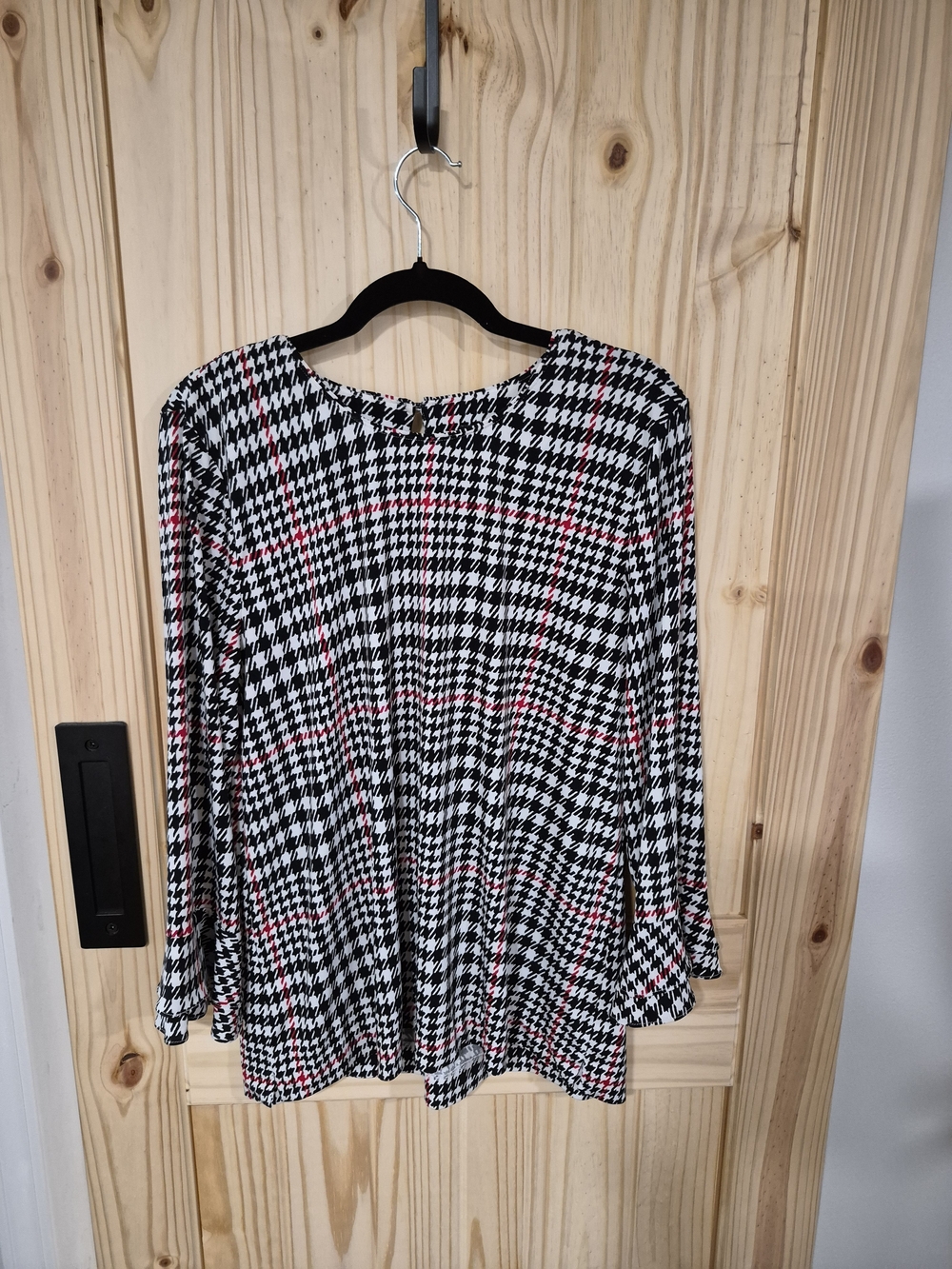 Karl Lagerfeld Black & White Houndstooth Long Sleeve Top with Red Accents